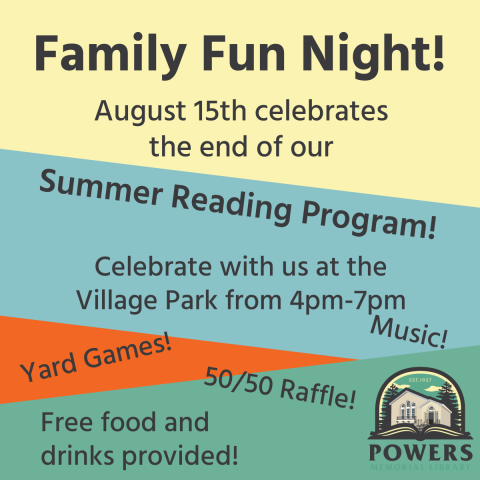 Multi colored background with text describing event details with the Powers Memorial Library Logo in the bottom right corner