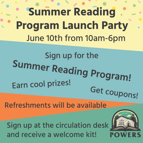 Text about summer reading program launch party, detail date, activities, and other descriptions that can be found in event description on a yellow, blue, orange, and green background